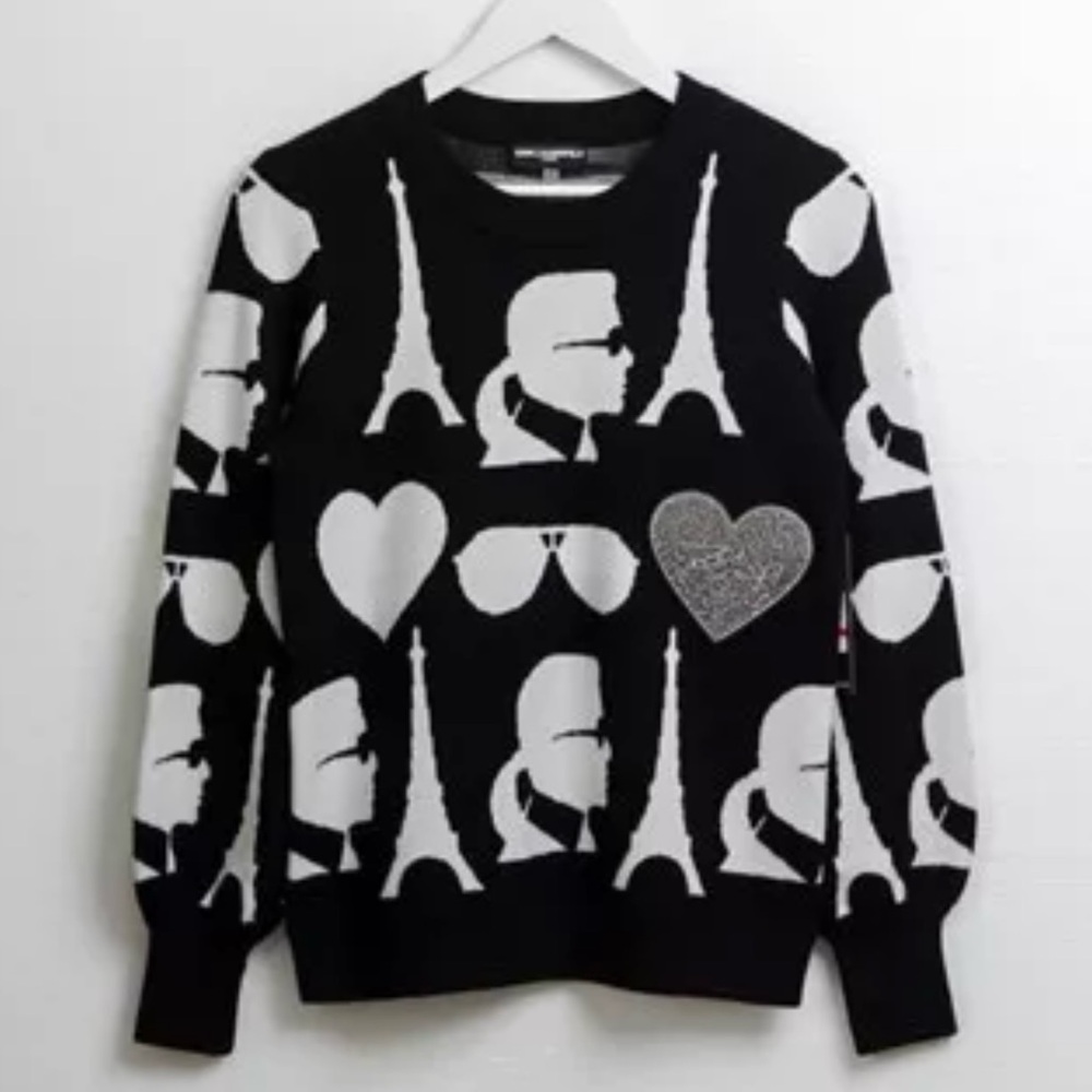 KARL LAGERFELD Head Eiffel Sunglasses Logo Knit Sweater – White/Black – Size L –